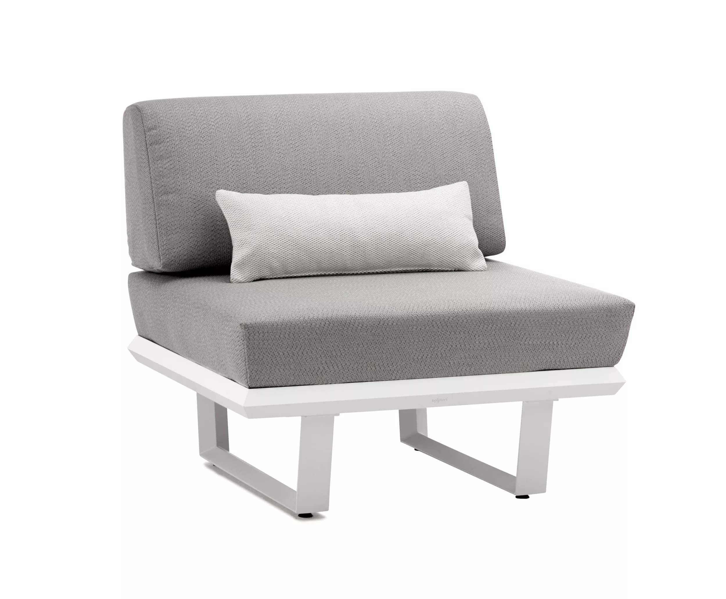Solpuri Boom Modul S in Grau mit weißem Kissen auf weißem Gestell ohne Hintergrund.