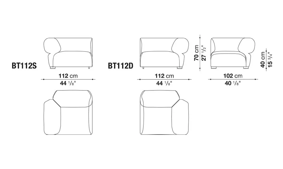 B&B Italia Butterfly Gartensofa Endmodul links technische Zeichnung mit Maßen und Ansichten von vorne und oben