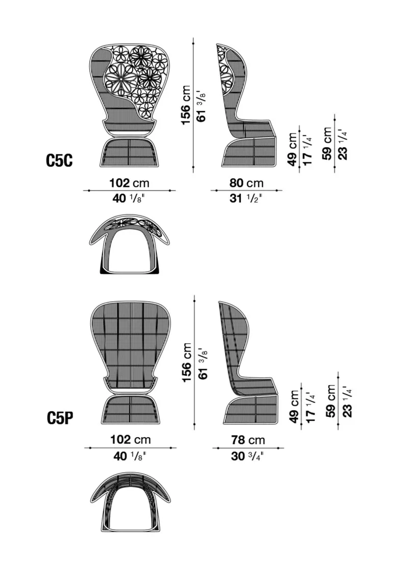 B&B Italia Crinoline Outdoor Sessel mit Polyethylenfasergeflecht 102 cm technische Zeichnung mit Maßen und Ansichten des Sessels