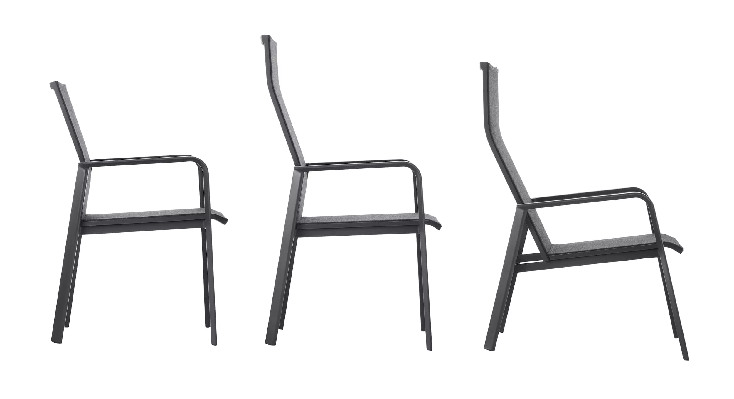 Drei Solpuri Breeze Stühle in seitlicher Ansicht ohne Hintergrund