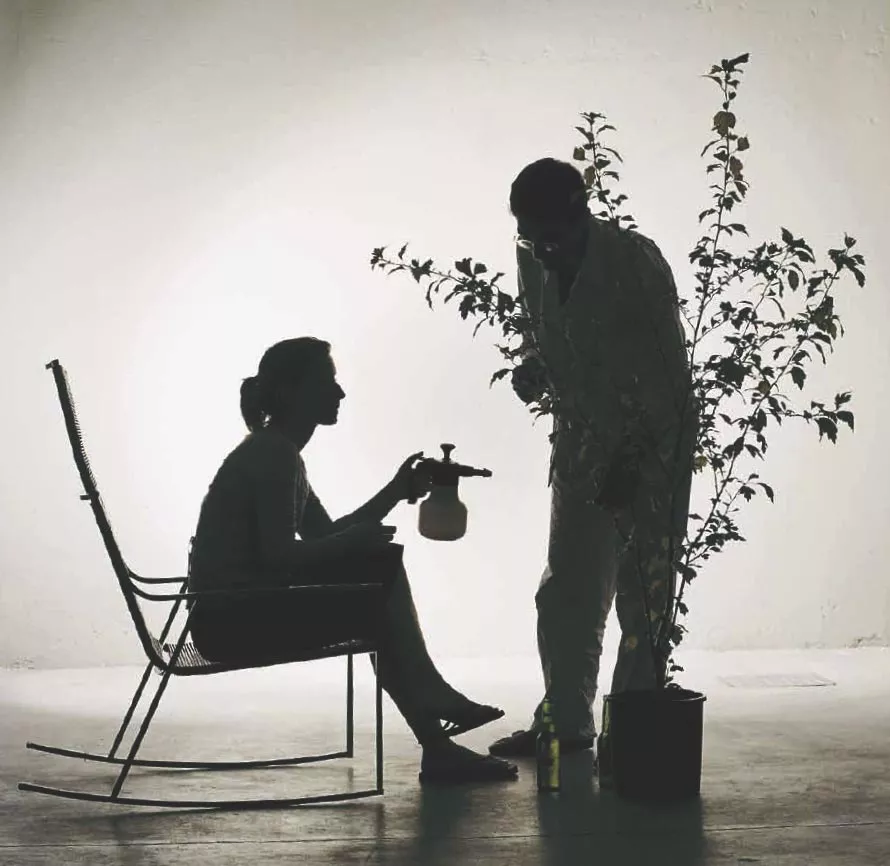 Zwei Personen im Schattenbild, eine sitzt auf einem Coro SG1 Schaukelstuhl, die andere steht daneben mit einer Pflanze, vor hellem Hintergrund.