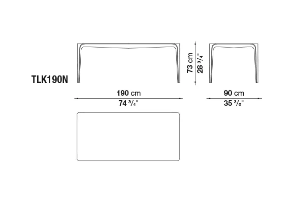 Technisches Datenblatt des B&B Italia Link Outdoor Esstischs 190x90 cm mit Abmessungen und Skizze ohne Hintergrund