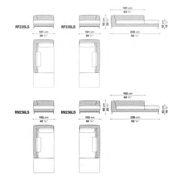 Technisches Datenblatt der B&B Italia Ray Outdoor Chaiselongue links 235 6 x 101 2 cm aus natürlichem Stoff mit verschiedenen Ansichten und Abmessungen