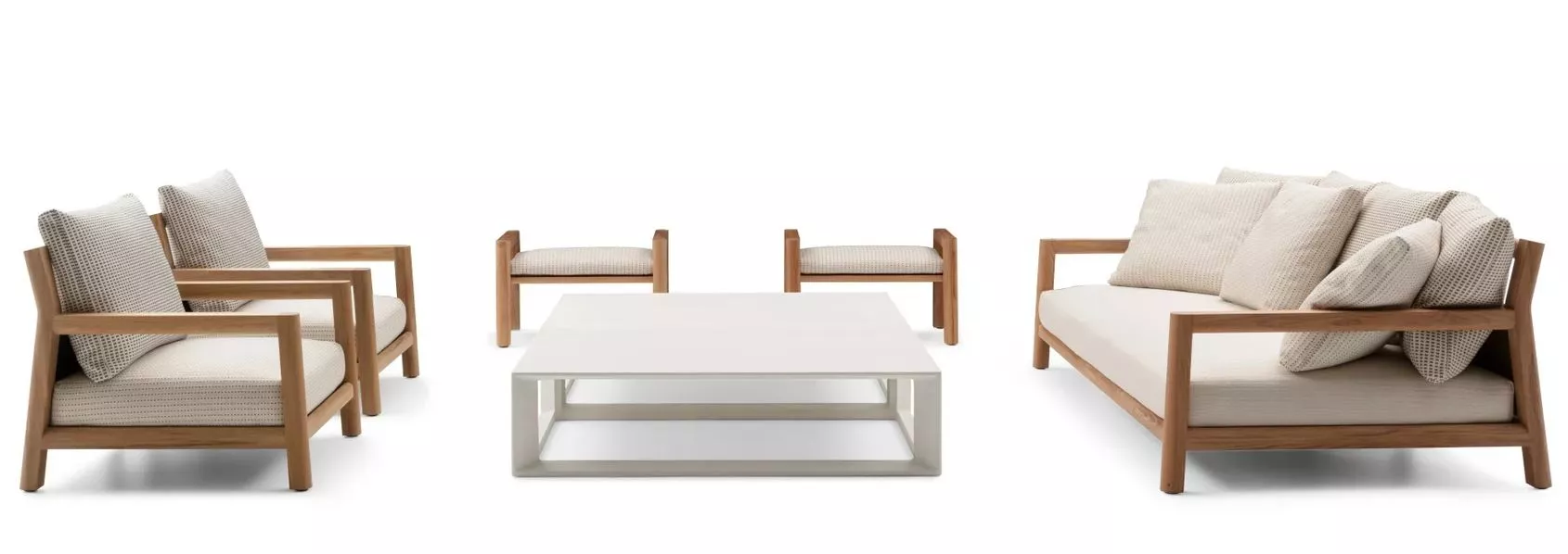 B&B Italia Pablo Outdoor Loungegruppe bestehend aus zwei Sesseln zwei Sofas und einem Couchtisch in einem minimalistischen Design ohne Hintergrund