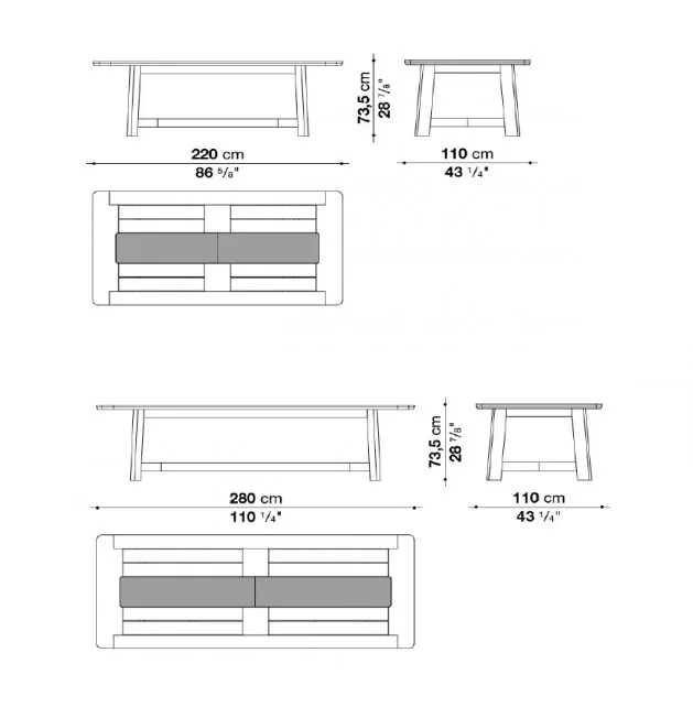 Technisches Datenblatt des B&B Italia Ginestra Gartentischs mit den Maßen 280 cm Länge 110 cm Breite und 73,5 cm Höhe
