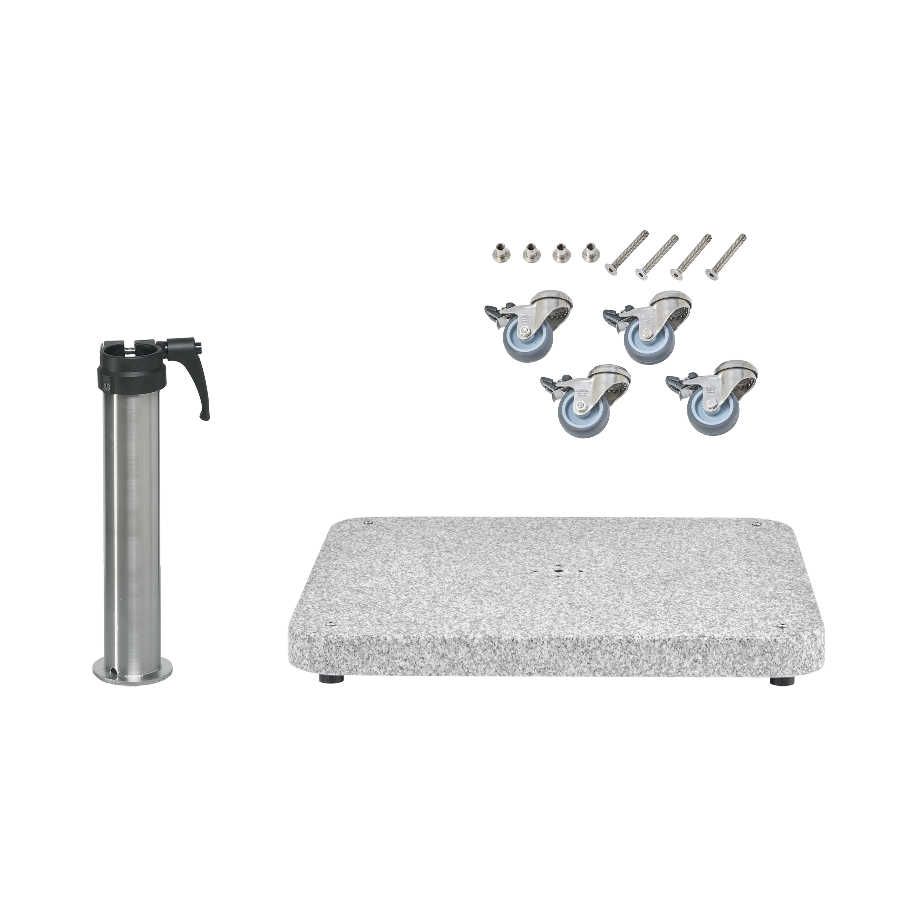 Granitsockel Z, 90kg matt, 75x75cm inkl. Standrohr Z 48/55mm Edelstahl, Rollen-Set Edelst.