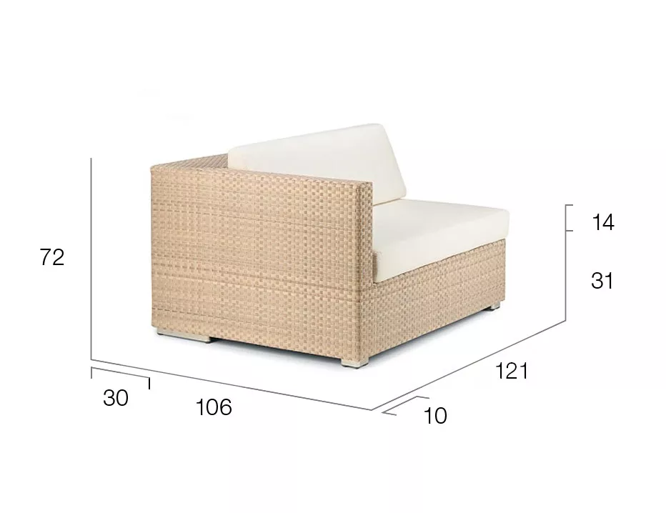 Dedon Lounge modulierbares Sofa Modul rechts in beige mit weißen Kissen technische Zeichnung mit Maßen für hochwertige Gartenmöbel
