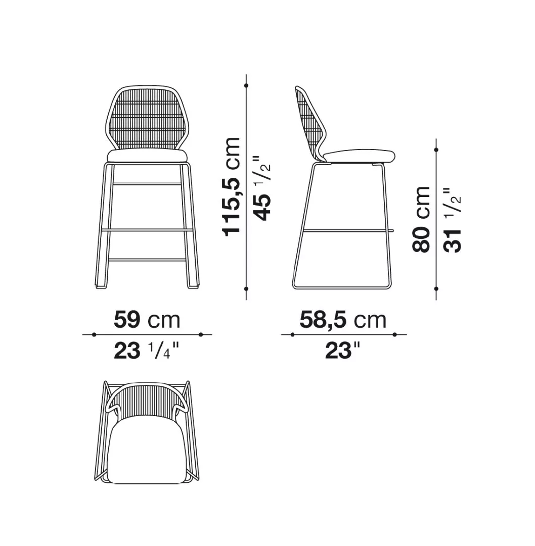 B&B Italia Crinoline Outdoor Barhocker hoch mit Polyethylenfasergeflecht 59 cm technische Zeichnung mit Maßen und Ansichten des Stuhls