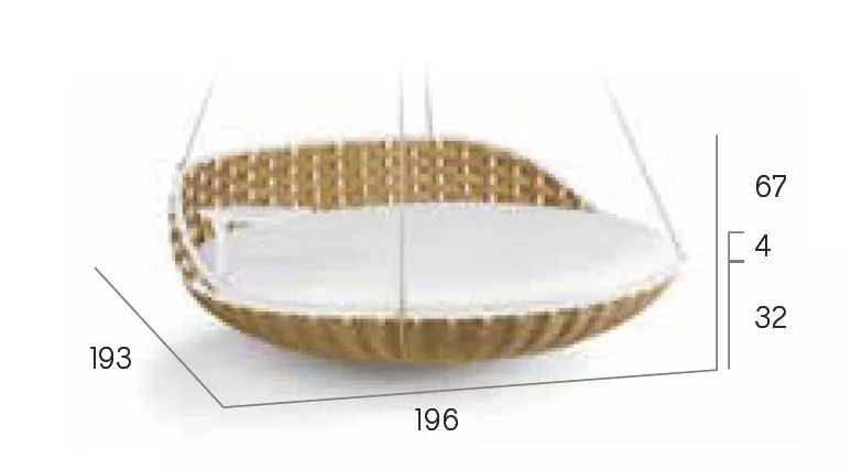 Dedon Swingrest Hanging Lounger in einem technischen Datenblatt mit den Maßen 193x196x67 cm dargestellt ohne Hintergrund