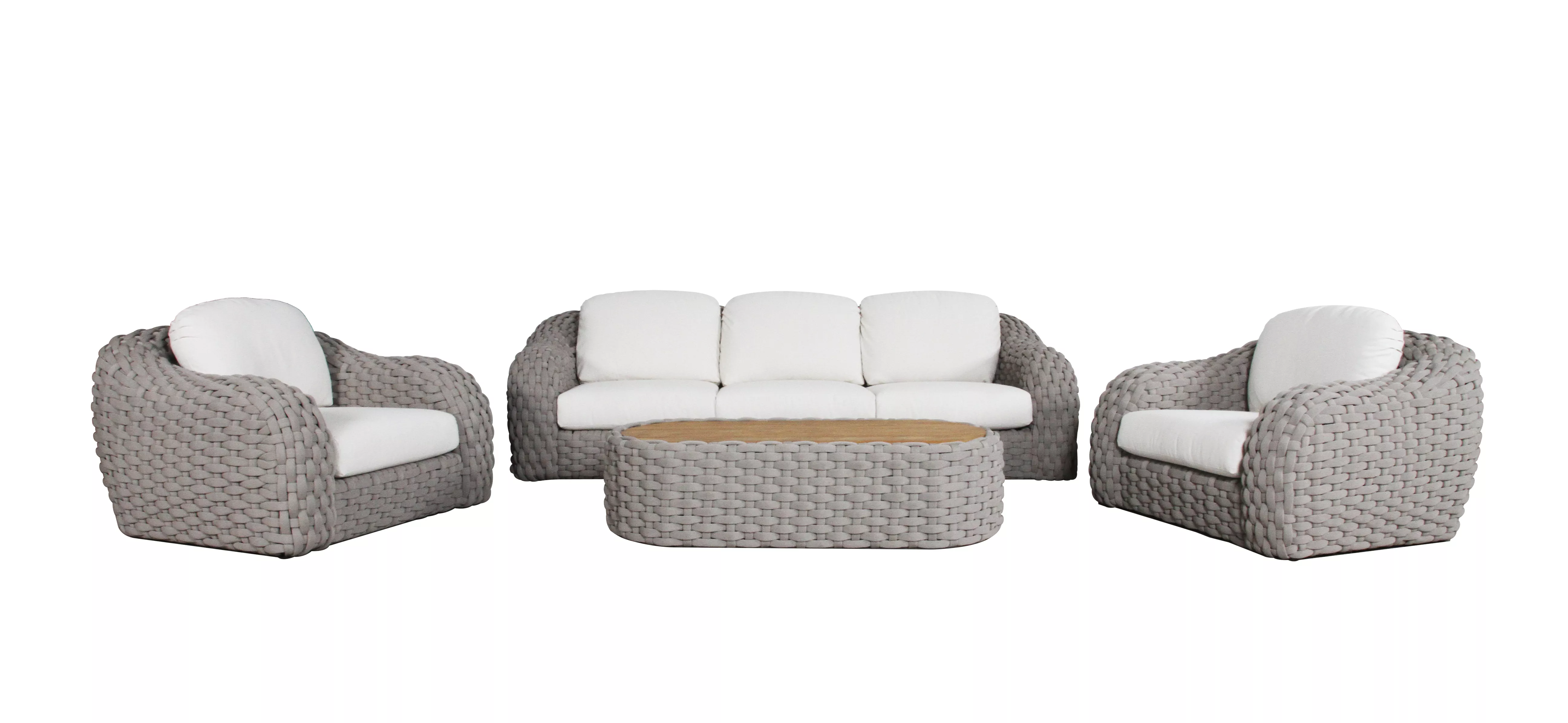 Grau-weiße Gartenmöbelgarnitur von Villa Schmidt mit zwei Sesseln, Sofa und Tisch auf weißem Hintergrund.