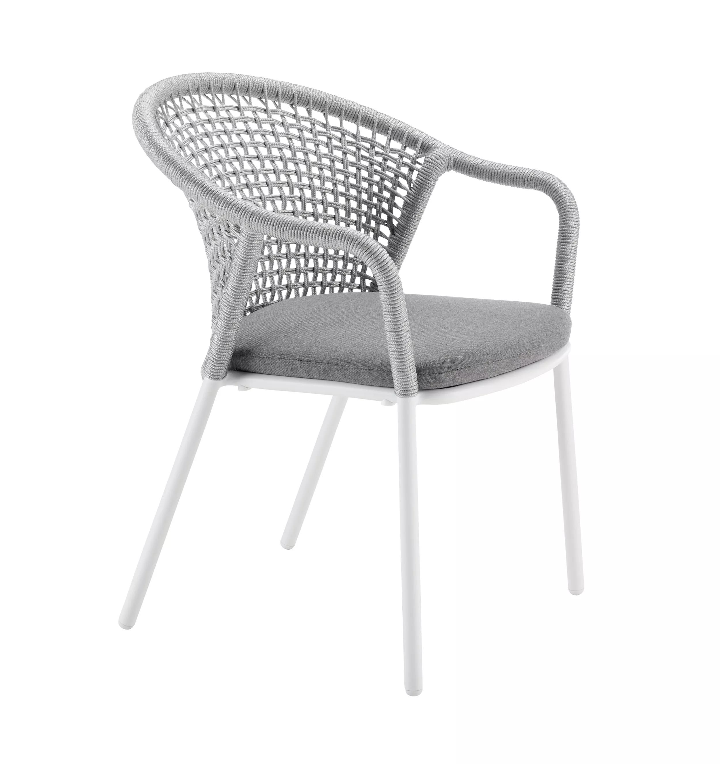 Solpuri Jooy Stapelsessel in Weiß mit grauem Sitzkissen vor weißem Hintergrund.