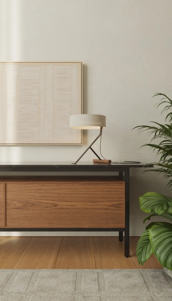 Punt Chicago Sideboard in Holzdetail, warmes Licht, moderne Einrichtung, Pflanzen im Hintergrund, gemütliche Atmosphäre.