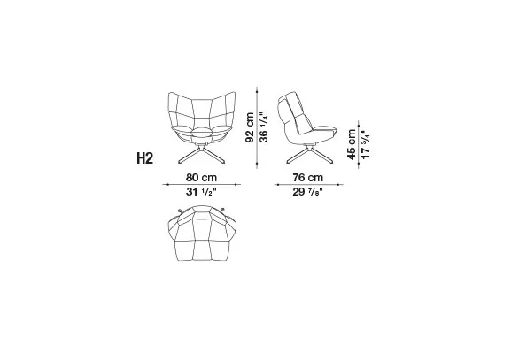 B&B Italia Husk Outdoor Loungesessel 80 cm technische Zeichnung mit Maßen 92 cm Höhe 80 cm Breite 76 cm Tiefe und 45 cm Sitzhöhe