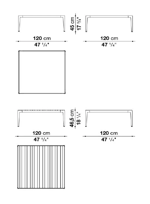 Technische Zeichnung des B&B Italia Mirto Outdoor Loungetischs mit 120x120 cm Tischplatte aus Aluminium oder Iroko und einer Höhe von 45 cm.