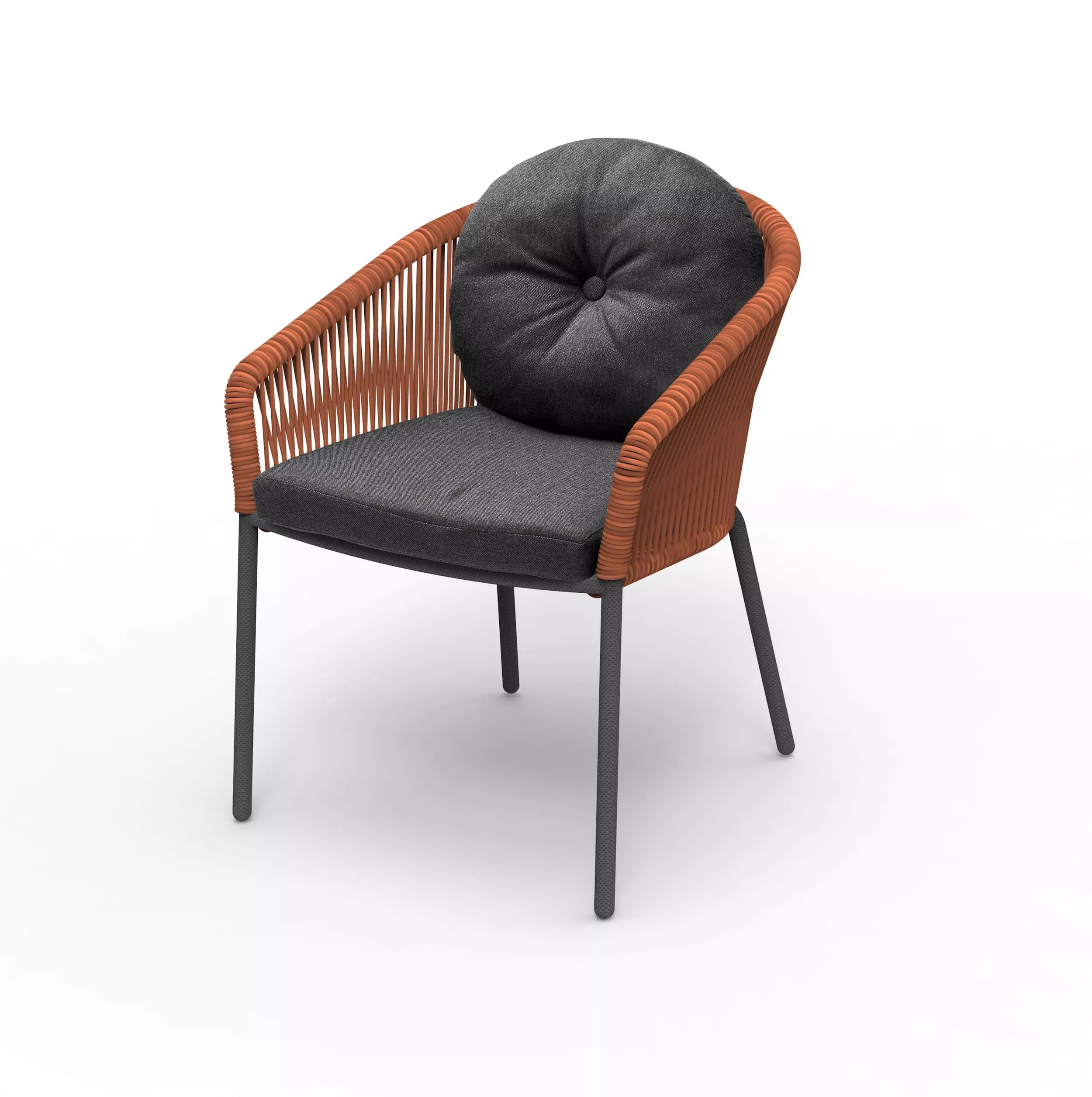 Solpuri Loop Dining Sessel in Anthracite und Terracotta vor weißem Hintergrund.