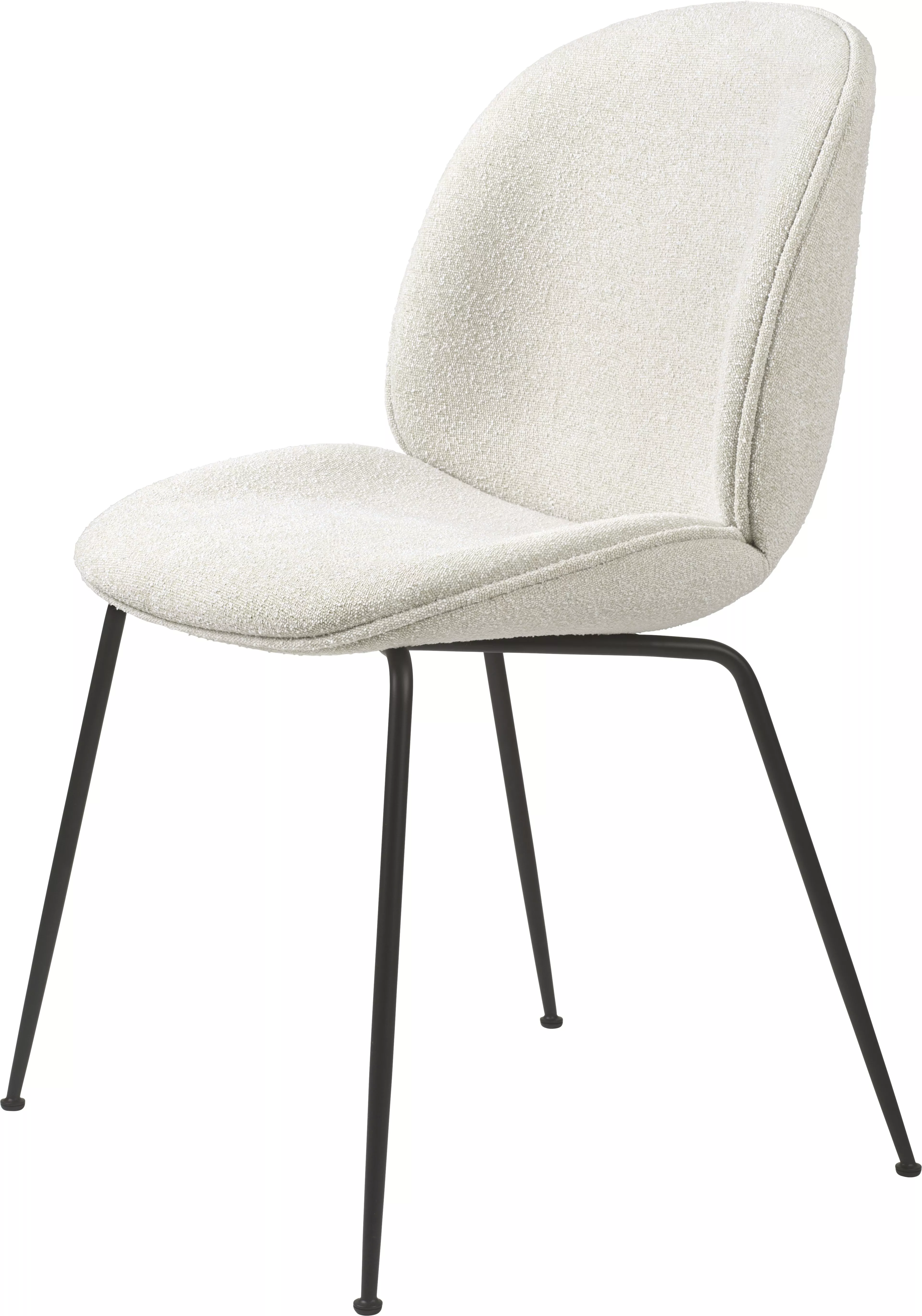 GUBI Beetle Dining Chair Conic Fully Upholstered in Light Boucle mit schwarzen Beinen ohne Hintergrund.