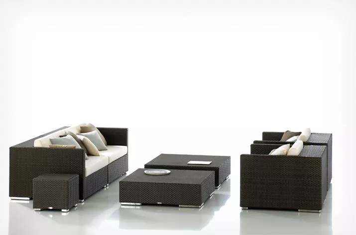 Dedon Lounge hochwertige Outdoor Gartenmöbel bestehend aus zwei Sofas zwei Sesseln einem Couchtisch und einem Beistelltisch ohne Hintergrund