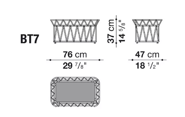 Technische Zeichnung des B&B Italia Butterfly rechteckiger Beistelltisch mit den Maßen 76 cm x 47 cm und einer Höhe von 37 cm.