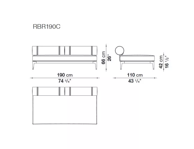 Technisches Datenblatt des B&B Italia Ribes Loungemodul Mittelmodul 190 cm mit Abmessungen und Seitenansichten