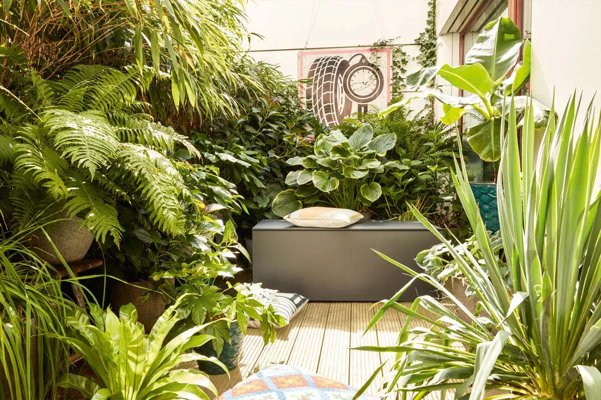 Conmoto El Pecho Kissentruhe in Anthrazit, 130x57 cm, steht in einem üppig begrünten Garten, umgeben von tropischen Pflanzen.