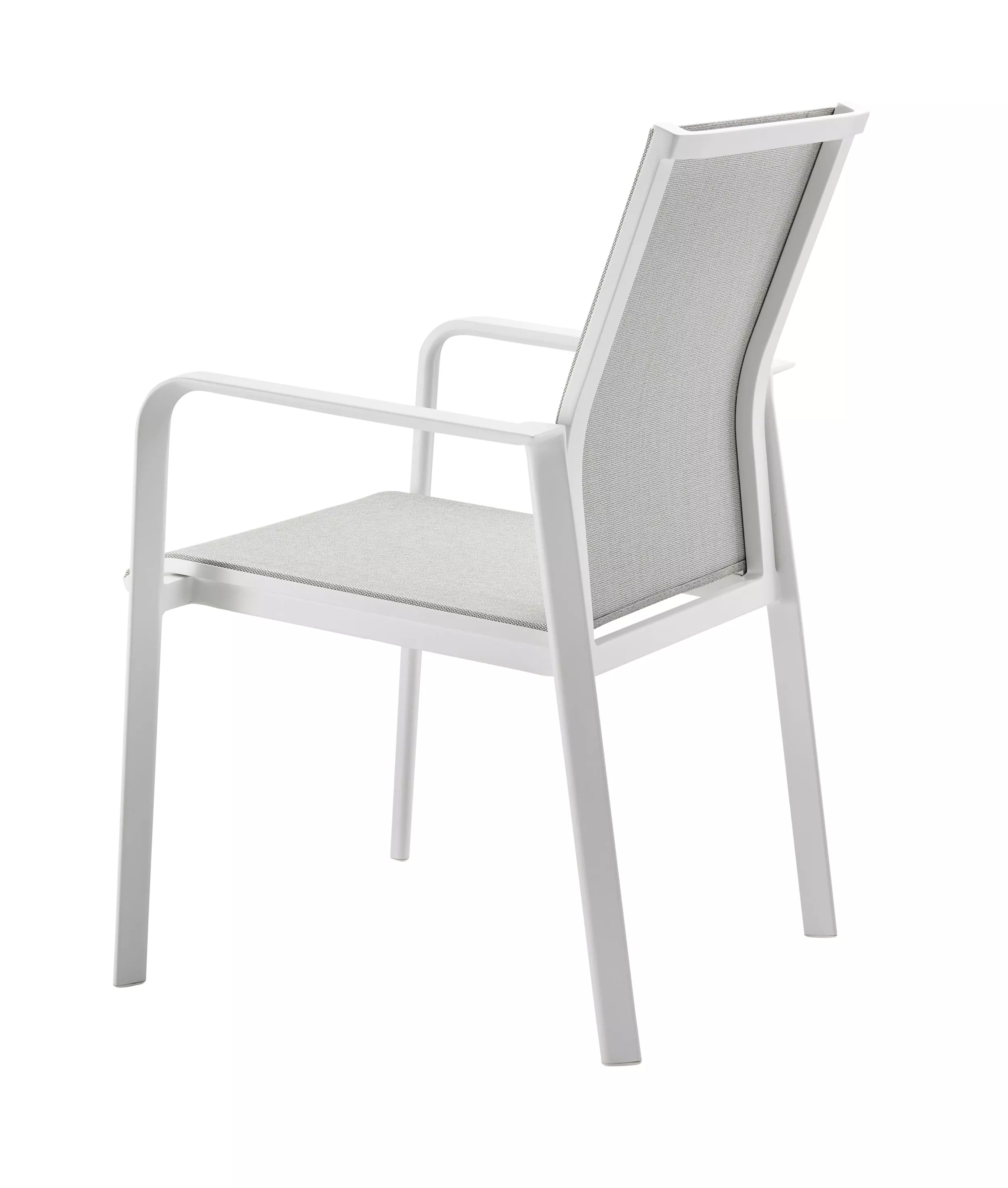 Solpuri Breeze Stapelsessel in Weiß mit grauem Bezug im Studio ohne Hintergrund