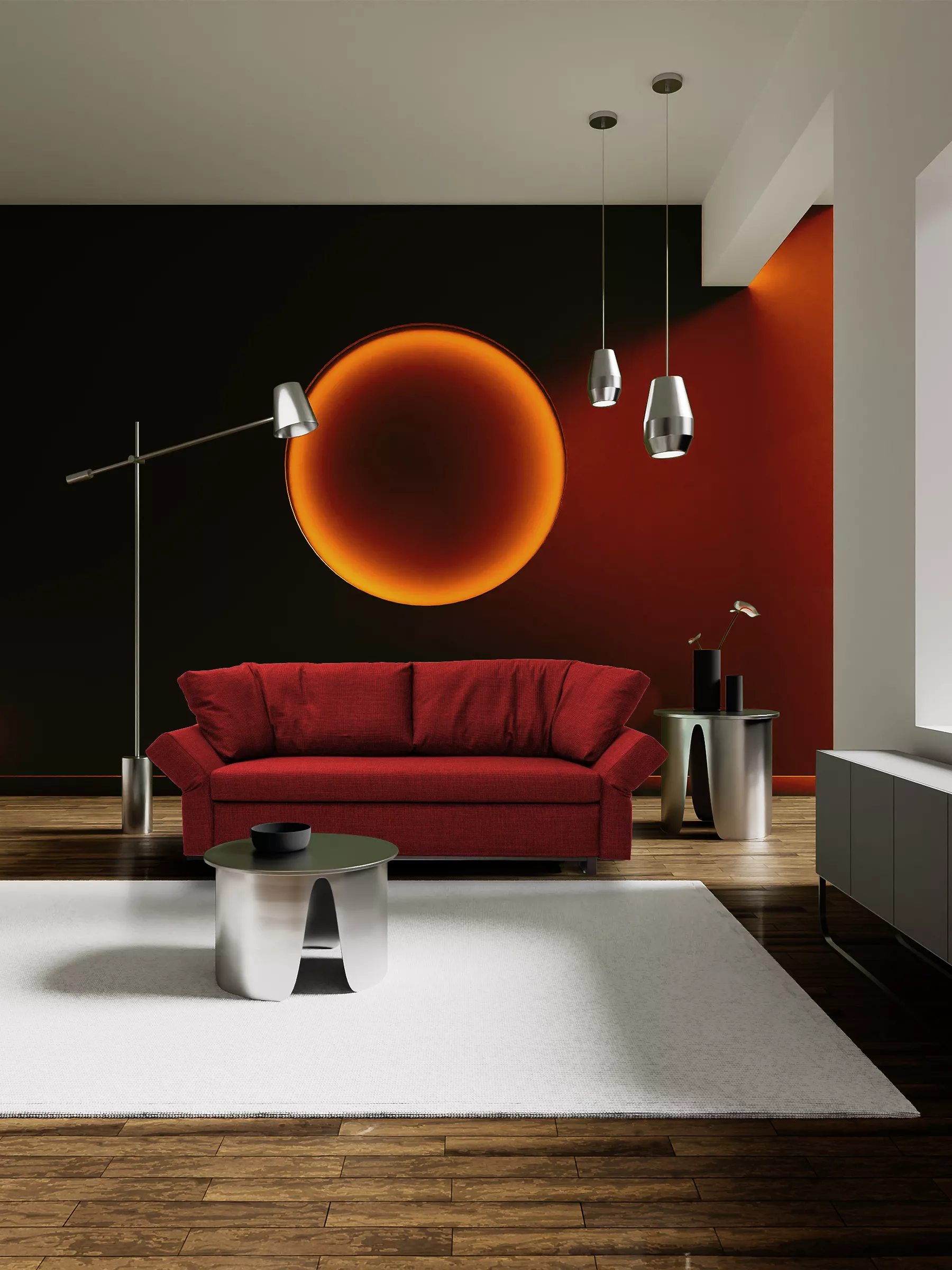 Rotes Rocco-Sofa von Nick im modernen Wohnzimmer mit dunkler Wand und stilvollen Lampen, stimmungsvolle Beleuchtung.