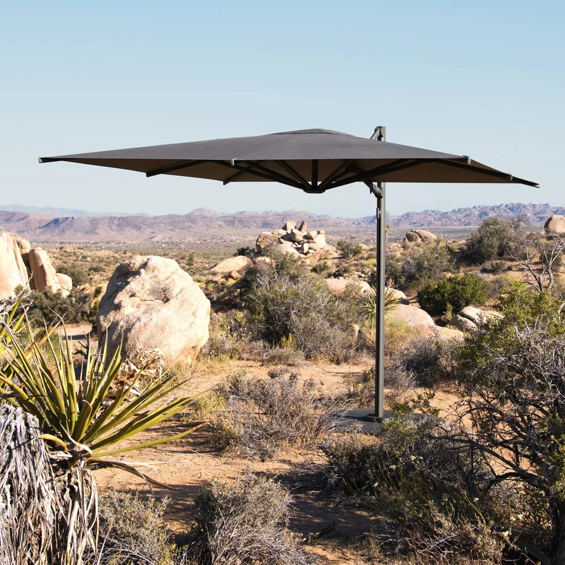 Dedon Reav Square M Cantilever Sonnenschirm in einer Wüstenlandschaft aufgestellt
