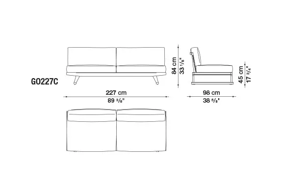 Technisches Datenblatt des B&B Italia Gio Gartensofa Mittelmodul 227 cm mit Abmessungen 227 cm Breite 84 cm Höhe und 98 cm Tiefe.