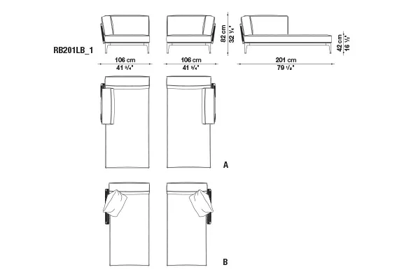 Technisches Datenblatt für B&B Italia Ribes Chaiselongue Modul mit Maßen und Ansichten von vorne und oben