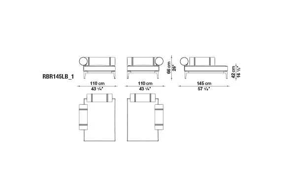 Technisches Datenblatt des B&B Italia Ribes Loungemoduls links 145 cm mit Kissenrollen Set 25 77 cm mit Abmessungen und Ansichten