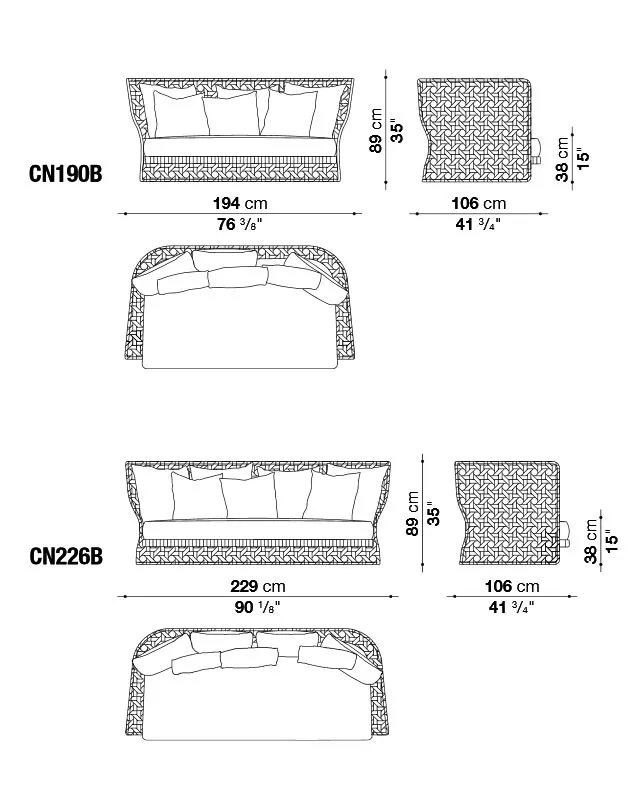Technisches Datenblatt für B&B Italia Canasta Outdoor Loungesofa mit Abmessungen 194 cm und 229 cm in der Seitenansicht und Draufsicht