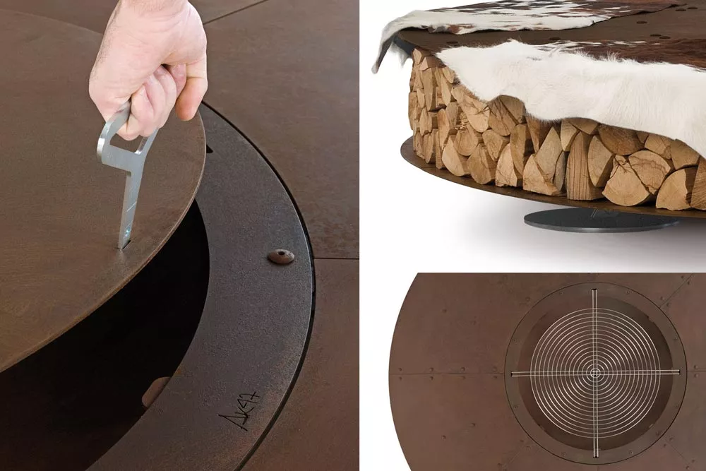 AK47 Zero Feuerstelle 300 cm Gartenkamin in Detailansicht mit Holzlager und Abdeckung in einer technischen Darstellung