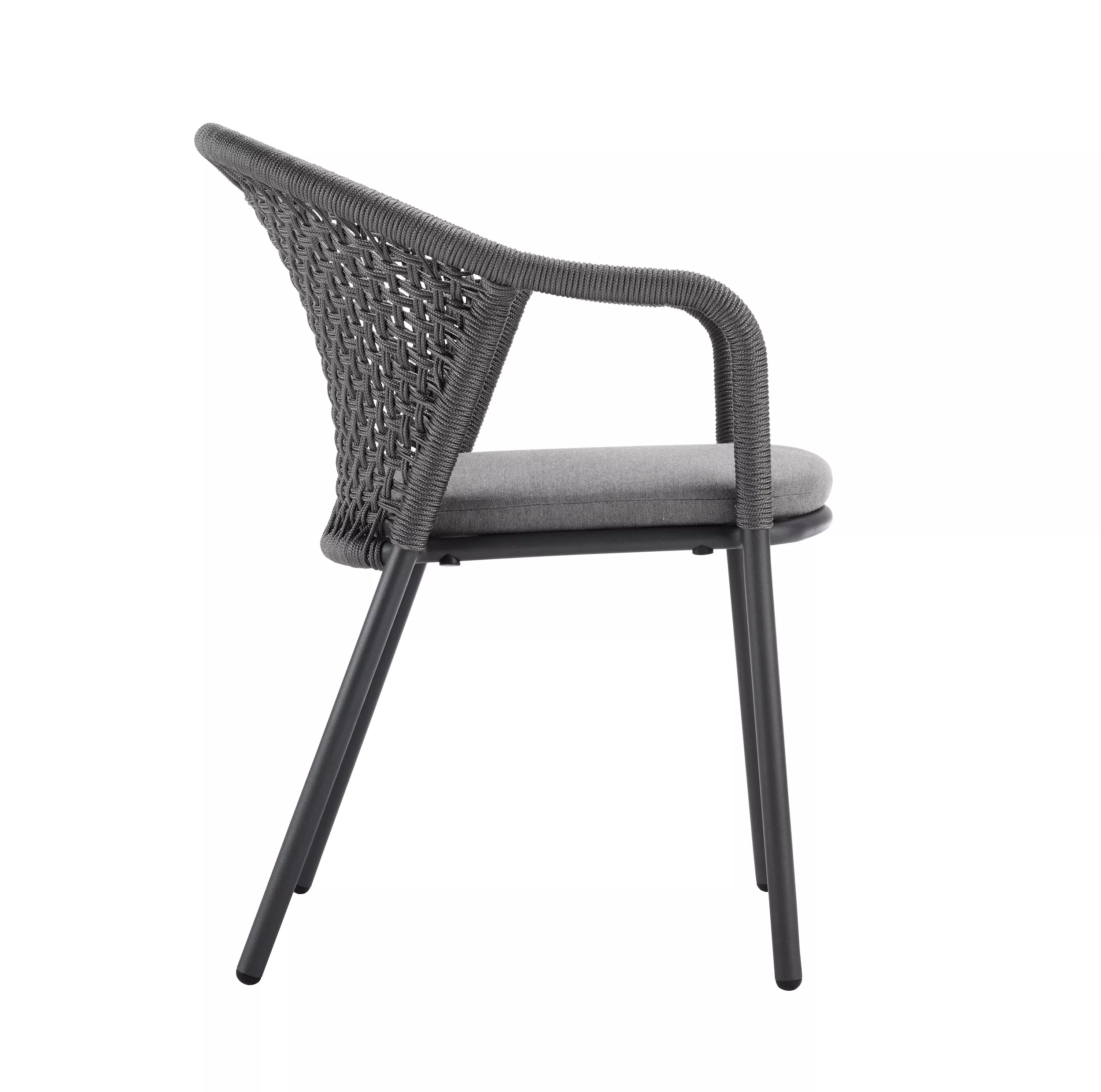 Solpuri Jooy Stapelsessel in Anthracite mit geflochtener Rückenlehne und grauem Sitzpolster ohne Hintergrund