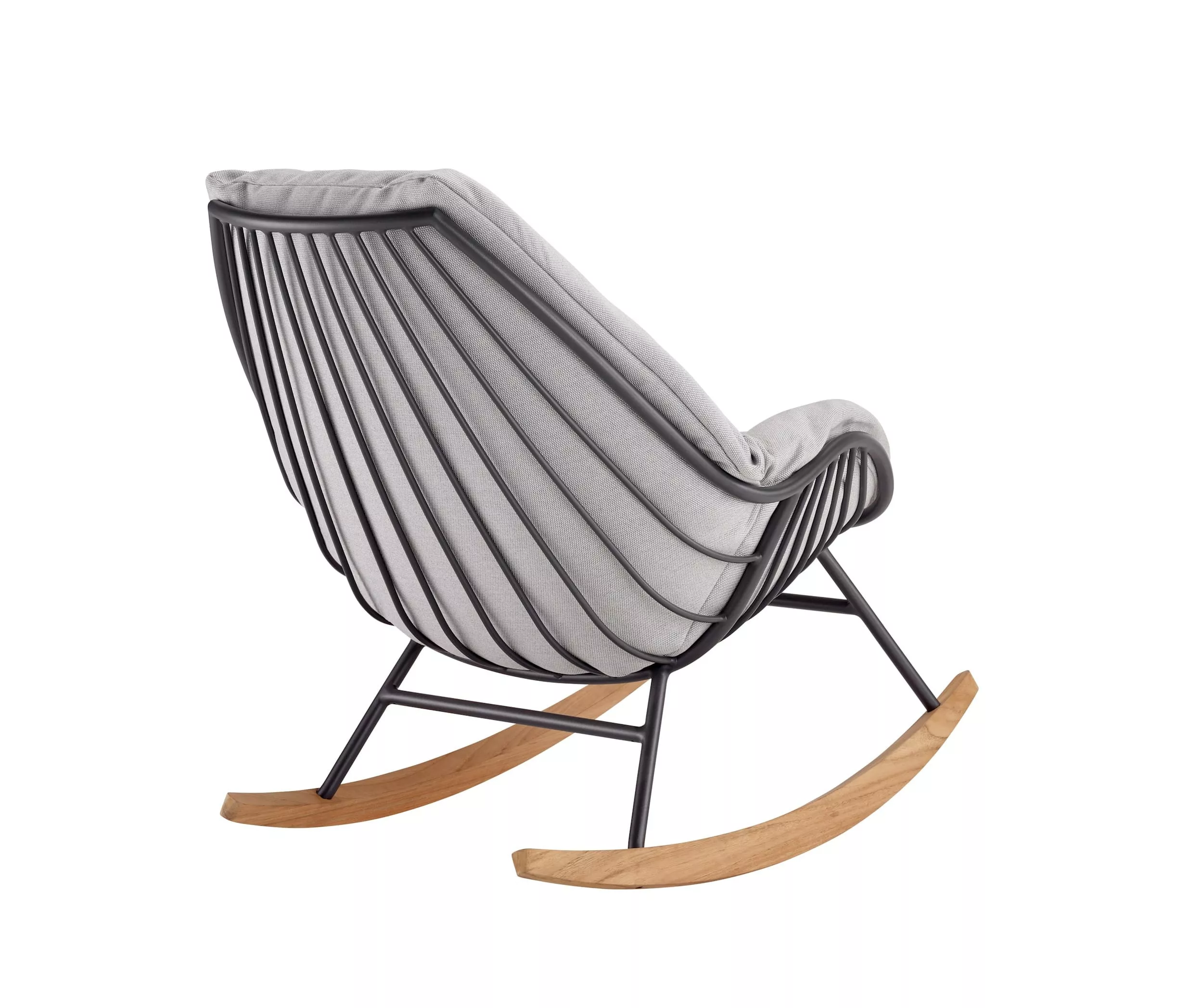 Solpuri Chill Schaukelstuhl in Anthracite mit Holzbeinen und gepolstertem Sitz ohne Hintergrund.