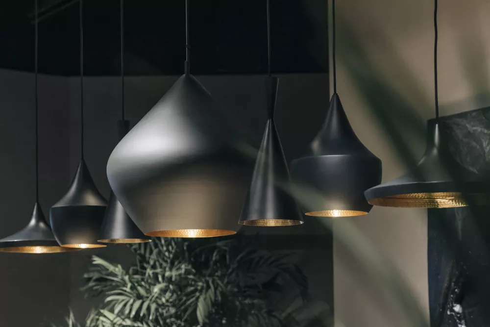 Tom Dixon Beat Deckenleuchten in Schwarz, verschiedene Formen, stimmungsvolle Beleuchtung vor einem Hintergrund mit Pflanzen.