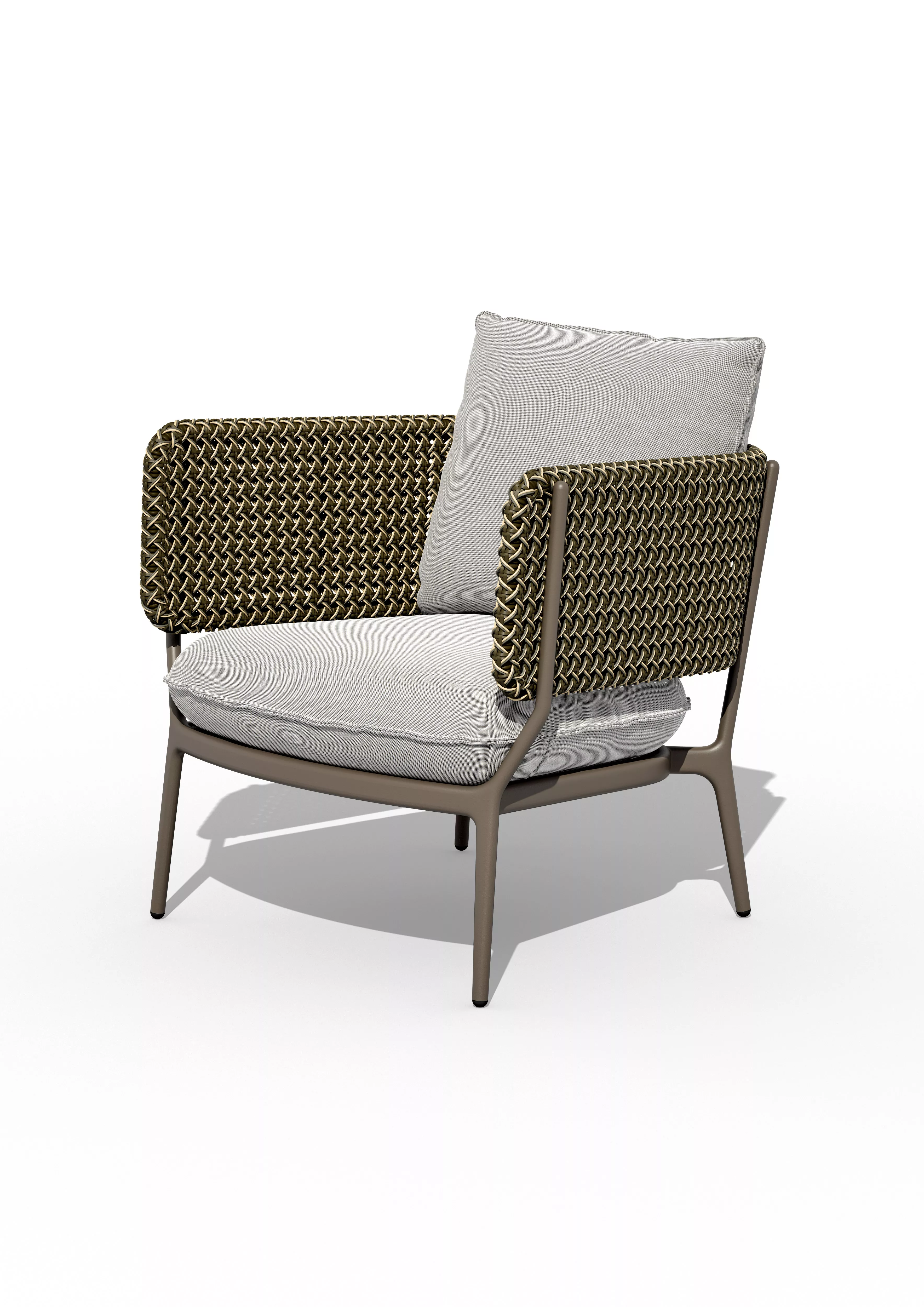 DEDON BELLMONDE Lounge Chair in Cedar mit grauen Kissen ohne Hintergrund