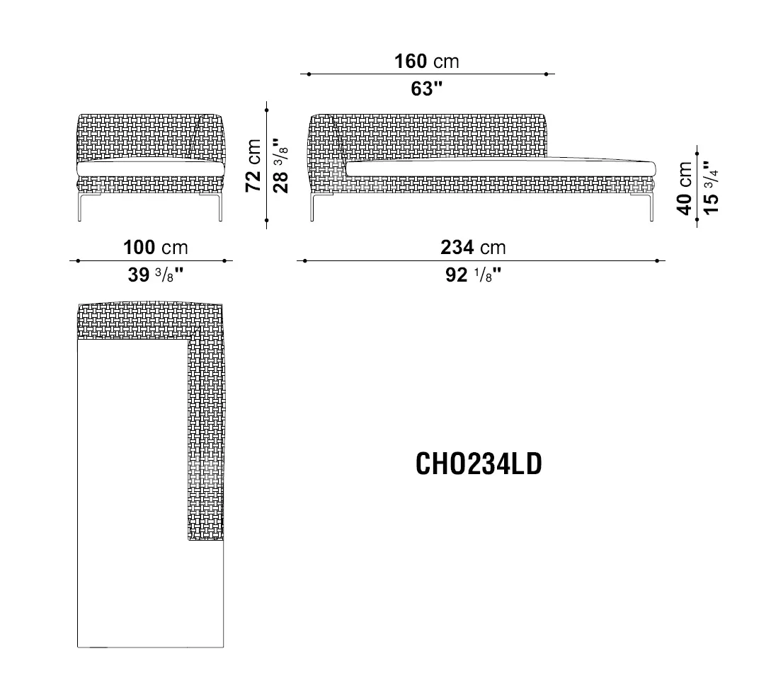 Technisches Datenblatt der Charles Outdoor Chaise Longue Element rechts von B&B Italia mit Maßen und Abbildungen des Möbelstücks
