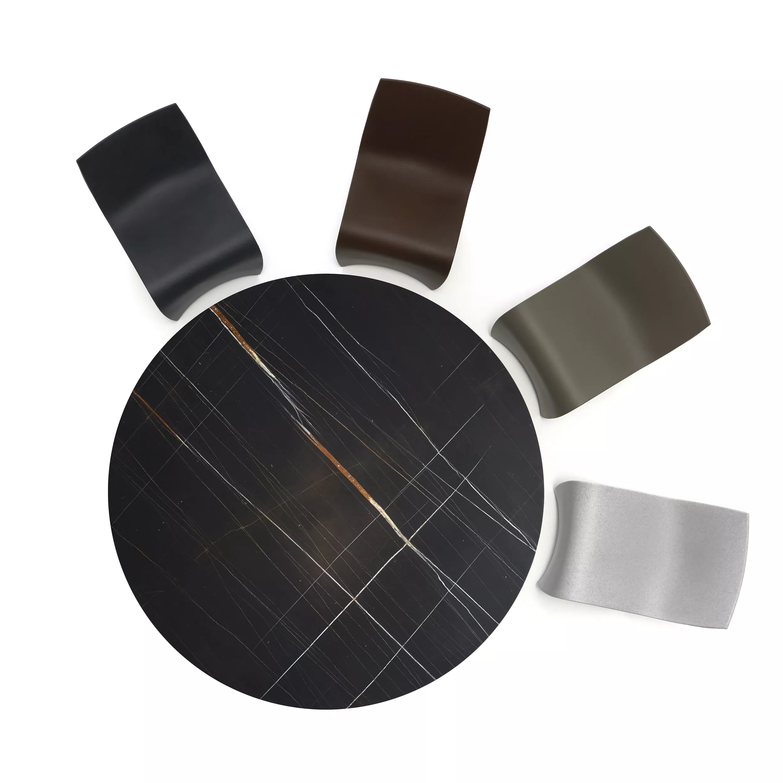 MDF Italia Sign Matt Stuhl in verschiedenen Farben und ein runder Tisch mit schwarzer Marmorplatte mit Stühlen und Tisch von oben