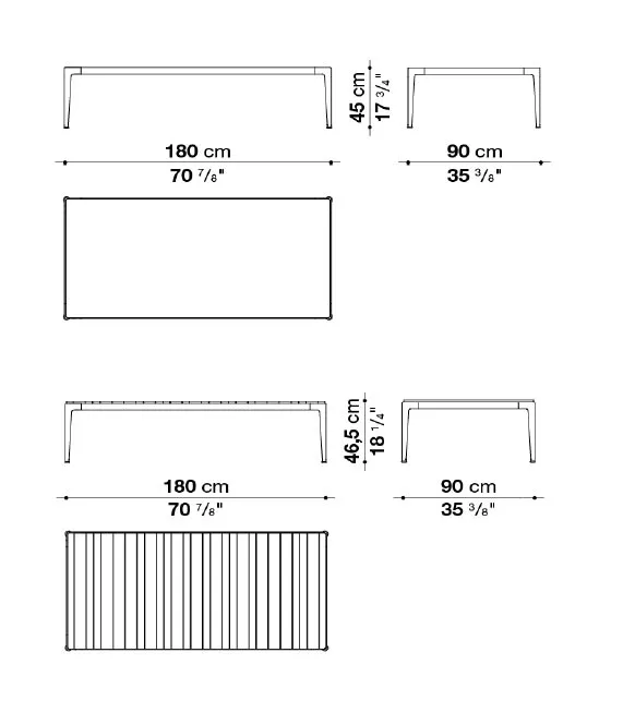 Technische Zeichnung des B&B Italia Mirto Outdoor Loungetischs 180x90 cm mit Tischplatte aus Aluminium oder Iroko und Maßen in Zentimetern.