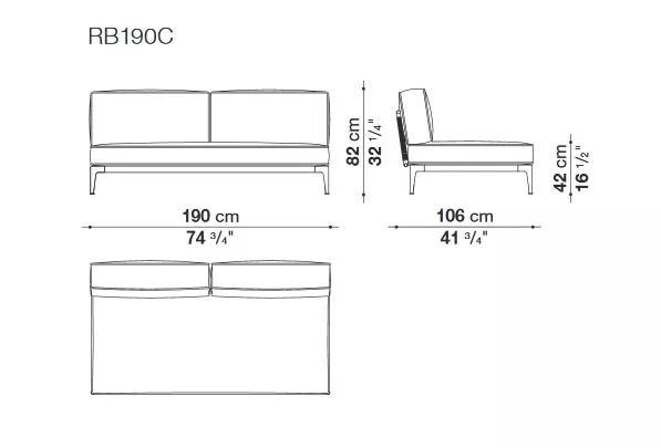 Technische Zeichnung des B&B Italia Ribes Loungemodul Mittelmodul 190 cm mit Maßen und Ansichten von vorne seitlich und oben