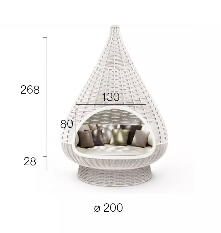 Dedon Nestrest Standing Lounger rund 200 cm in Weiß mit Kissen technische Zeichnung mit Maßen 268 cm Höhe 200 cm Durchmesser 130 cm Breite 80 cm Sitzhöhe