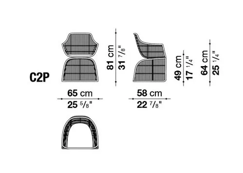 B&B Italia Crinoline Outdoor Armlehnstuhl mit Polyethylenfasergeflecht 65 cm technische Zeichnung mit Maßen und Ansichten des Stuhls