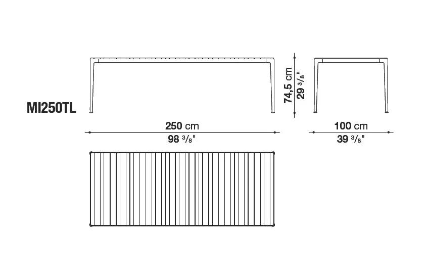 B&B Italia Mirto Outdoor Esstisch 250 cm mit Tischplatte aus Aluminium oder Iroko technische Zeichnung mit Maßen 250 cm Länge 100 cm Breite 74.5 cm Höhe