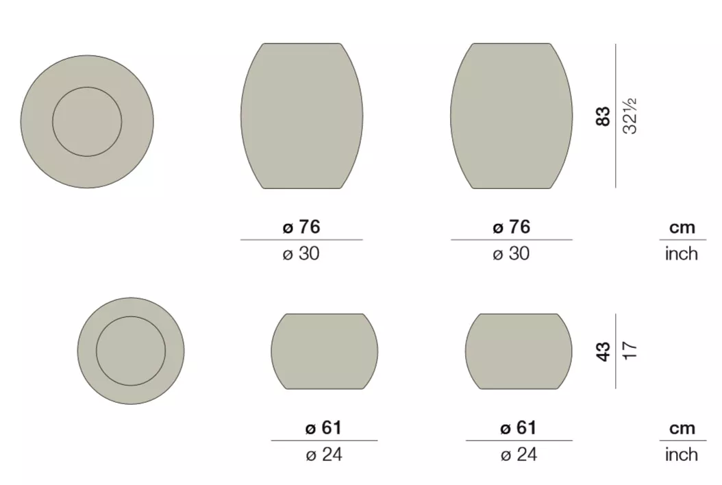 Technisches Datenblatt für Dedon Dala Blumentopf mit Abmessungen in cm und Zoll für verschiedene Größen und Formen