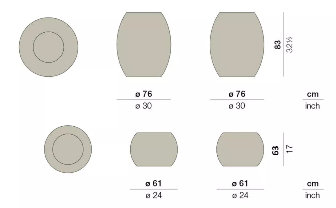Technisches Datenblatt für Dedon Dala Blumentopf mit verschiedenen Größen und Abmessungen in Zentimetern und Zoll