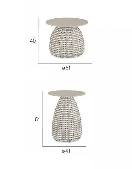 Dedon Porcini Beistelltisch in zwei Größen mit runder Tischplatte und geflochtenem Untergestell technische Zeichnung mit Maßen