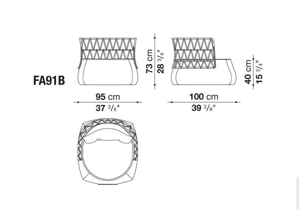 Technisches Datenblatt des B&B Italia Fat Gartensessels mit niedriger Rückenlehne und den Maßen 95 cm Breite 100 cm Tiefe und 73 cm Höhe
