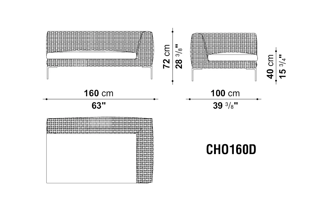 Technisches Datenblatt des Charles Outdoor Endelement rechts 160 cm von B&B Italia mit Abmessungen und Skizze des Gartenmöbels.