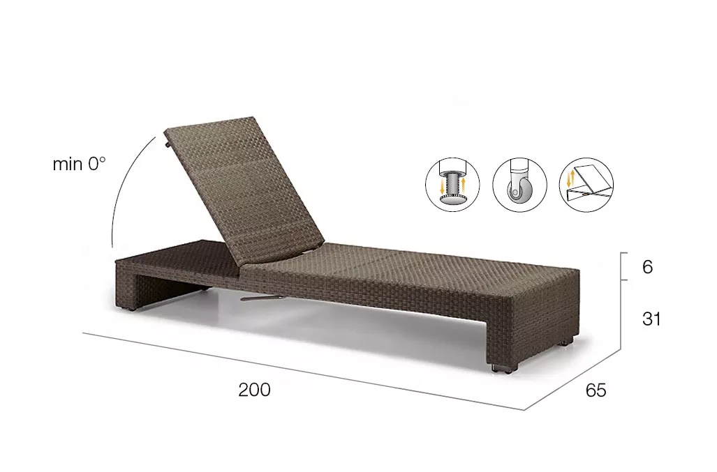 Dedon Lounge Sonnenliege in braun mit verstellbarer Rückenlehne und Maßen 200x65x31 cm technische Zeichnung ohne Hintergrund