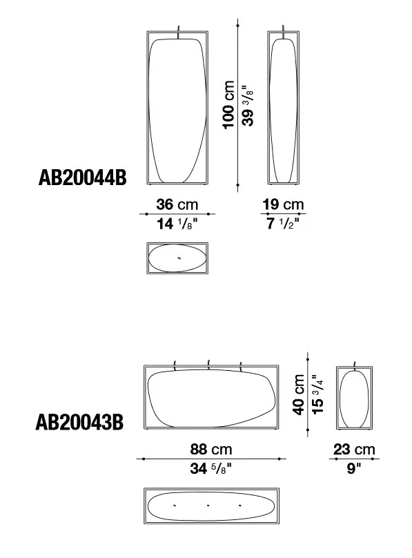 Technisches Datenblatt für B&B Italia Overscale Flames Outdoor Kerze mit Abmessungen und Zeichnungen der Modelle AB20044B und AB20043B